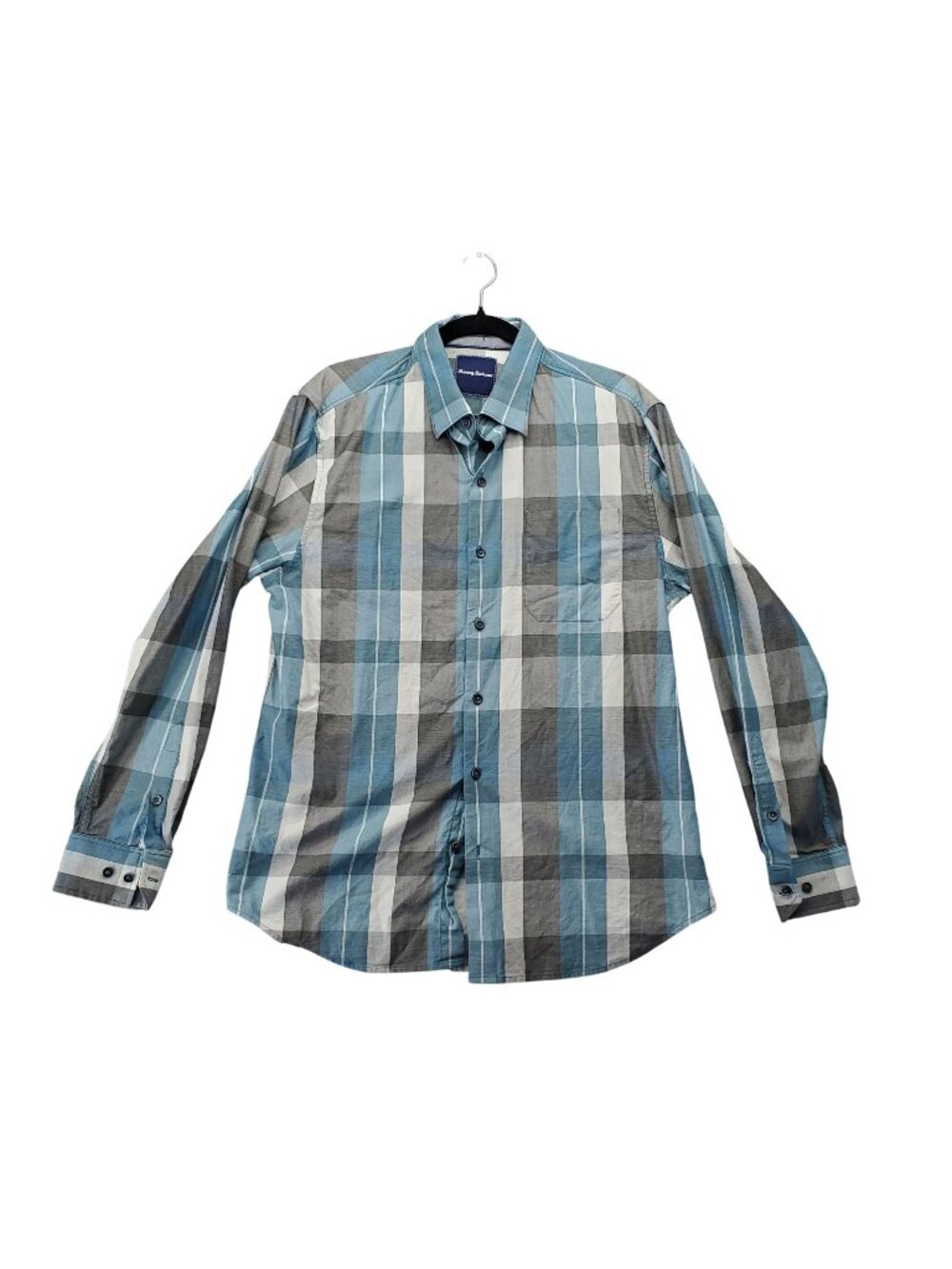 Tommy Bahama Shirt Mens Medium Blue Plaid Button-Front Long Sleeve Cotton Blend